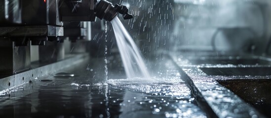 A machine sprays water on a counter during a rainy event, creating a monochrome scene.