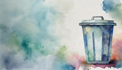 Trashcan icon, watercolor art, canvas background, copy space on a side