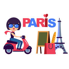 Paris vector illustration with cute  girl and bistro - 731649859