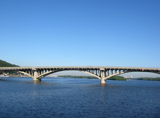 Kyiv, Ukraine, 09.09.2013,  view from the ship to the Metro Bridge on a sunny autumn day