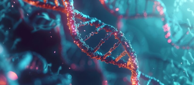 A macro photograph showcases a close up of a DNA strand, resembling a stunning pattern in electric blue and magenta, set against a blue background.