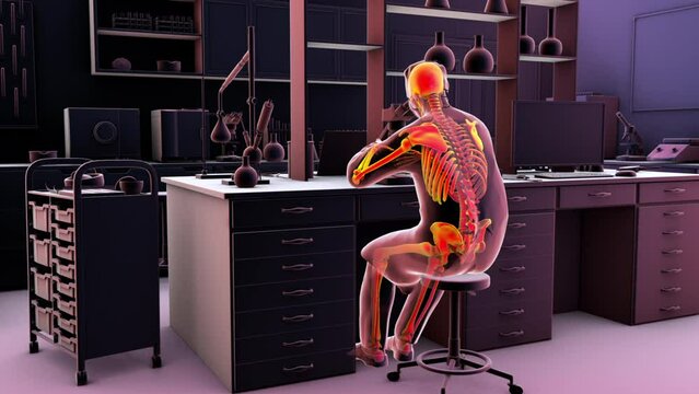 Work-related musculoskeletal disorders in laboratory workers, conceptual 3D animation showing a lab specialist with highlighted skeleton working with microscope.