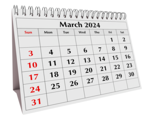 March 2024 calendar. Page of the annual business desk month calendar isolated on transparent png