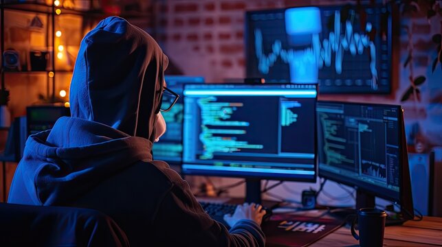 Man Sitting at Desk, Using Computer Wearing A Hoodie