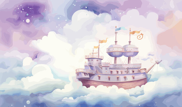 Watercolor illustration flying ship in the clouds sky, children's cute cartoon room, decor, photo wallpaper, print, poster, wall painting