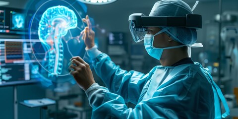 A doctor in a surgical gown uses a VR headset to interact with a 3D brain rendering in a high-tech operating room, indicating medical innovation.
