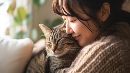A tender moment between a woman and her cat, exemplifying the warmth of human-animal companionship, perfect for content related to pets, relaxation, or cozy domestic life.