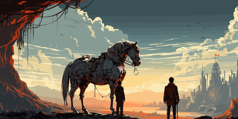 the man and his mechanized horse standing on rooftop building in futuristic planet, digital art style, illustration painting - obrazy, fototapety, plakaty