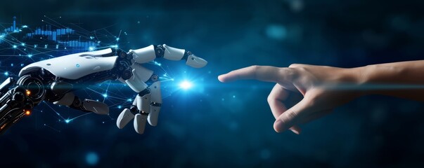 Fototapeta premium A human hand reaching out to touch a robotic hand, symbolizing the intersection of humanity with advanced technology, suitable for tech events or STEM education themes.