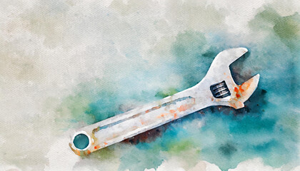 Wrench icon, watercolor art, canvas background, copy space on a side