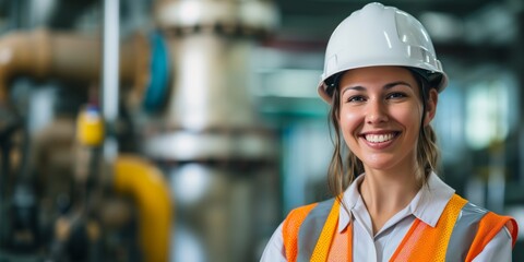A smiling woman in safety gear at an industrial site, representing themes like empowerment and workplace equality, suitable for International Women's Day. - obrazy, fototapety, plakaty