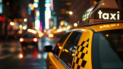 Checkers on the roof of the car with the inscription taxi against the backdrop of the night city....
