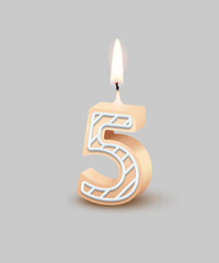 Birthday number five, candle with fire vector illustration. 3D beige number 5 with icing, candlelight for birthday or anniversary cake and happy party, invitation and greeting card design template