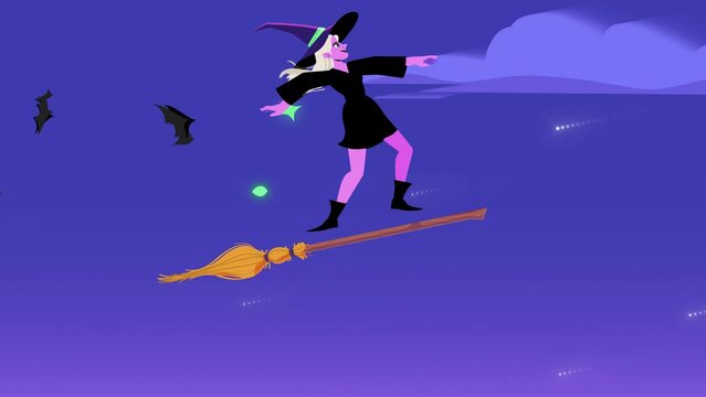 2d Animated Illustration Of Halloween Witch Flying In Across Sky With Birds And Ghosts Over Dark Houses.