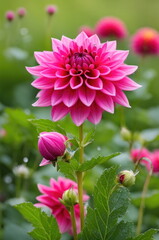 A striking pink dahlia in full bloom, with intricate petals layered in a symmetrical pattern