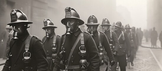 A squad of soldiers in military uniform and gas masks walk in a line, equipped with helmets and personal protective equipment.