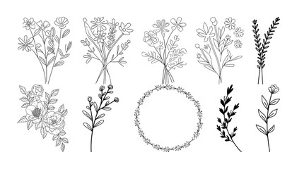 Set of hand drawn botanical flowers line art vector. Collection of foliage, leaf branches, floral, flowers, roses, and line art. - obrazy, fototapety, plakaty