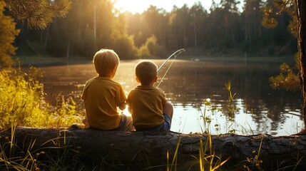 Photo of little boys friends near a forest pond with fishing rods while fishing on a summer weekend
