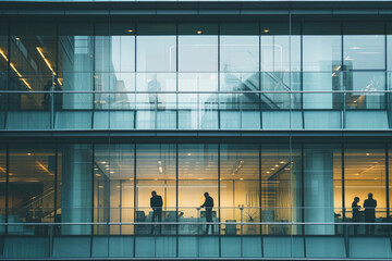 Silhouette of business people standing in office building with sunlight
