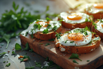 Healthy sandwich made of a fresh bread, eggs and parsley green leaves presented on a wooden board