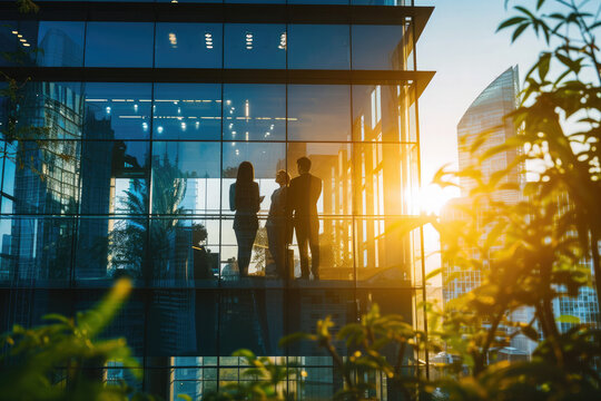 Silhouette of business people standing in office building with sunlight