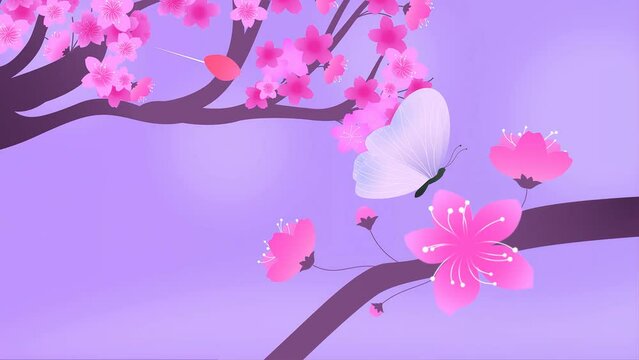 2d Rendered Animated Scene Of Hanami Celebration With Butterflies On Yoshino Sakura Plum Trees Blossoms.