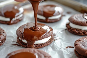 Chocolate cookies with marshmallow filling being covered in melted chocolate.