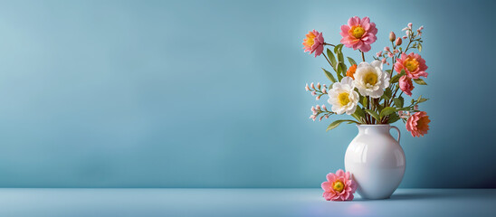 Fototapeta na wymiar Colorful flowers against blue background, Mother's Day and International Women's Day concept, Vibrant floral display, celebration of femininity and springtime, website header, copy space Generative AI
