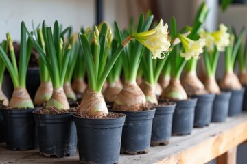 Row of potted daffodil bulbs growing on a rustic wooden shelf. Indoor botanical series.