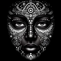 Illustration of decorated woman face in black and white