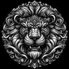 Illustration of decorated powerful lion in black and white
