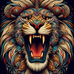 Colorful Illustration of decorated powerful lion head