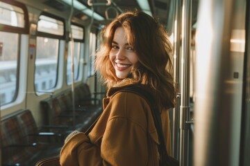 Smiling woman enjoying a city tram ride on a sunny day.