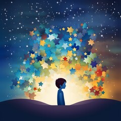 Silhouette of a person against a mesmerizing backdrop of multicolored stars, symbolizing the diverse and complex nature of individuals with autism. 