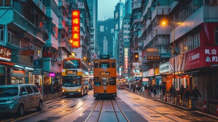 Busy street scene with trams and neon signs in Hong Kong. - obrazy, fototapety, plakaty