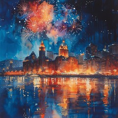 Fototapeta na wymiar New Year's Eve Fireworks Over the City Generative AI