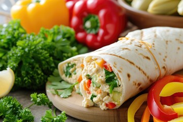 Fresh Vegetable and Chicken Wrap on Wooden Board