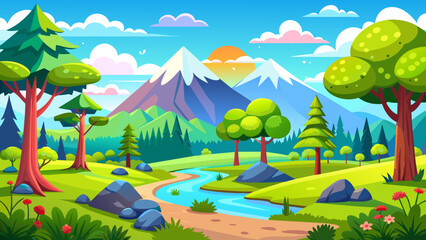 Cartoon summer landscape with trees and moutains