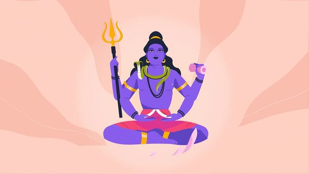 2d Animated Illustration Of Maha Shivratri Festival With Shiva Sitting On Lotus With Trident And Oil Lamps