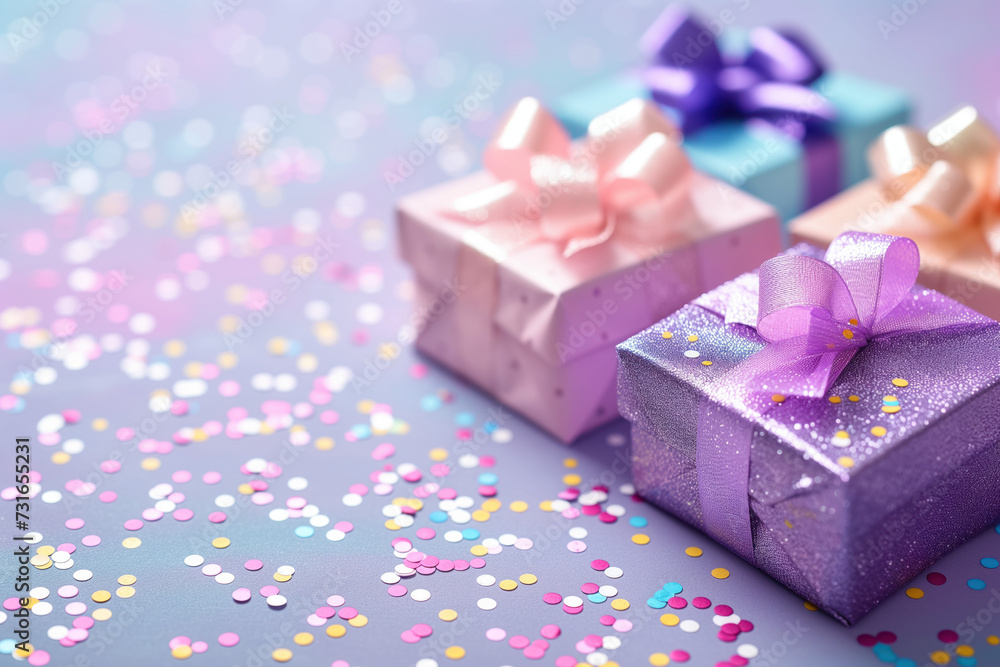 Poster colorful birthday gifts slide background.. created with generative ai technology