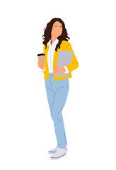 Beautiful young business woman standing with laptop and take away coffee cup. Office worker, secretary, student girl in smart casual outfit. Vector female character isolated on transparent background.