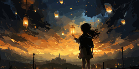 A young girl standing during the day reaching out to grab a star in the night dimension, digital art style, illustration painting