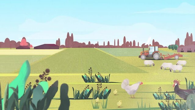 2d Rendered Animated Illustration Of Organic Food Farming Scene, Tractor, Farmer, Planes, Chickens.