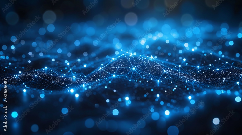 Poster glowing blue waves of light: a visualization of the latest trends in tech and monthly events generat