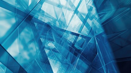 Double exposure photo of abstract architectural surfaces. Walls, ceiling. Futuristic interior fragment in blue color. Polyhedron or triangular geometric background structure