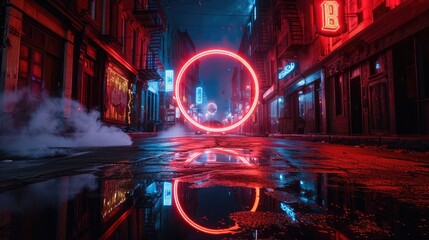 Empty dark street, reflection of neon light in the puddles of the night city. Neon circle in the...