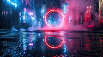 Empty dark street, reflection of neon light in the puddles of the night city. Neon circle in the...