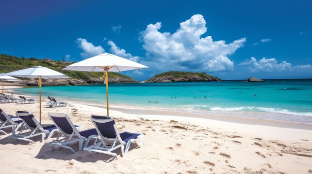 Beach chairs and umbrella on seashore, beach