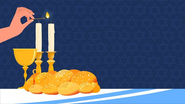 2d Rendered Illustration Of Shabbat Shalom Celebration With Star Of David, Candles, Kiddush Cup And Challah.