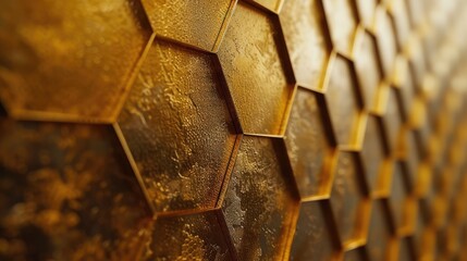 Golden hexagon cell tiling on the luxury decoration interior Gold metal honeycomb, hexagon,...
